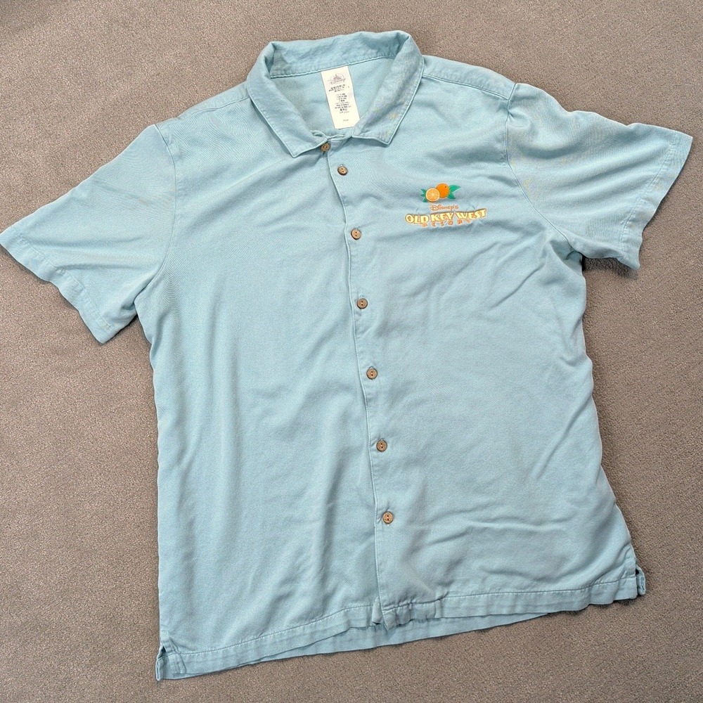 Disney Old Key West Resort Shirt Mens Large Blue Viscose Embroidered Camp Button